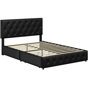 4ft6 Double Bed Frame with 4 Drawers Storage, Faux Leather Upholstered Mattress Foundation with Adjustable Headboard, Black - Yaheetech