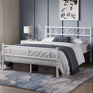 Yaheetech - 4ft6 Double Minimalist Metal Platform Bed with Arrow Design Headboard and Footboard, White