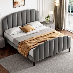 MODERNLUXE 4ft6 Double Upholstered Bed Frame - Tufted Headboard, Velvet Platform Bed Frame with Solid Wood Slat and Mute Foam, Grey (No Mattress)