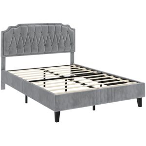 Yaheetech 4ft6 Double Upholstered Bed Frame with Button-Tufted Headboard, Light Gray