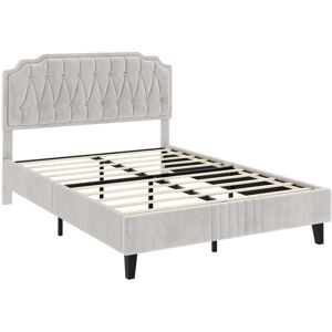 4ft6 Double Upholstered Bed Frame with Button-Tufted Headboard, Beige - Yaheetech