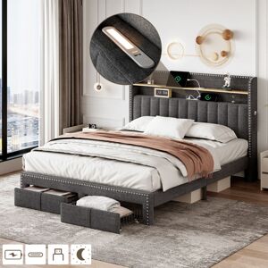 MODERNLUXE 4ft6 Double Upholstered Bed with 2 Storage Drawers, Storage Bed with Charging and Lighting, Linen, Grey, 135x190cm (No Mattress)