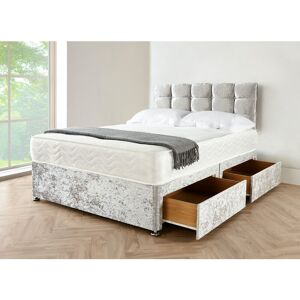 Sr Living Ltd - 5FT Silver crushed velvet Divan Bed with mattress, Cube hb and 2 drawers