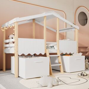 MODERNLUXE Children's bed, Mid Sleeper Bed Frame Storage Kids Wooden bed with Drawers Shelf Storage 3ft Single (90 x 190 cm), Pine wood + particle board, White