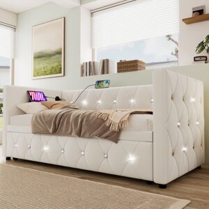 ABRIHOME Daybed Upholstered Bed Sofa Bed with usb &Type c Charging Sations, 3FT Single Bed 90x190cm with Trundle ,Pull out Trundle for Living Room and