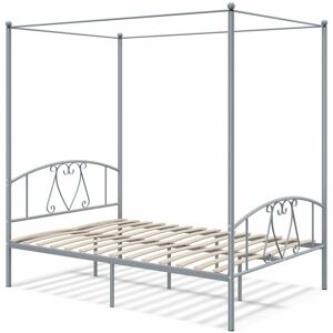 COSTWAY Double Size Metal Canopy Bed Frame 4-Poster Modern Platform Wooden Slat Support