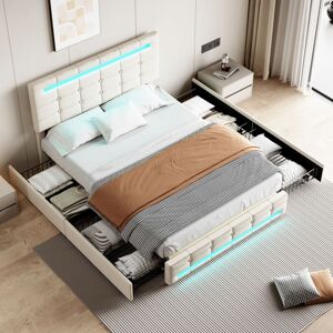 Abrihome - Double Upholstered Bed with led Lighting and Storage Drawers, Storage Bed Frame with Adjustable Button Tufted Headboard, Beige (No