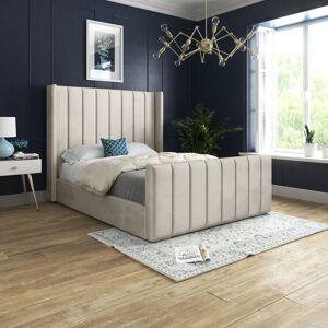 Ds Living - Oxford Panel Lined Upholstered Soft Velvet Bed Cream Double - Cream