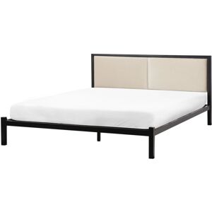 BELIANI Eu Double Size Bed Frame 4ft6 Black Metal Light Beige Fabric Headboard Clamart