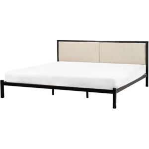 BELIANI Eu Super King Size Bed Frame 6ft Black Metal Light Beige Fabric Headboard Clamart