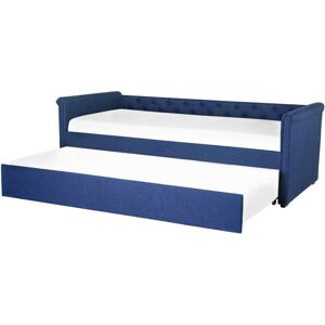 BELIANI Modern Fabric eu Small Single Trundle Bed Frame Buttoned 2ft6 Navy Blue Libourne