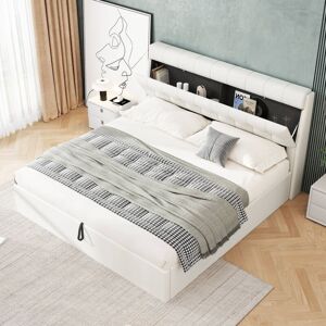 ABRIHOME Fashion Upholstered Bed,Double Bed 135x190cm,Hydraulic Bed,Concealed Headboard Storage,Bed Box Storage,PU,With Slats and Headboard,Without
