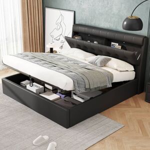 ABRIHOME Fashion Upholstered Bed,Double Bed 135x190cm,Hydraulic Bed,Concealed Headboard Storage,Bed Box Storage,PU,With Slats and Headboard,Without