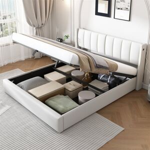 ABRIHOME LED Upholstered Bed, Hydraulic Bed, Rechargeable USB port in bed, with LED Lighting, with Storage Space, Adjustable Headboard, PU, white, King Size