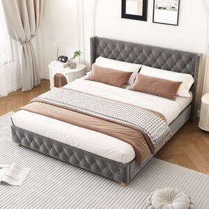 Abrihome - Luxury Upholstered King Size Bed with Slatted Frame & Elegant Headboard – Button & Rivet Detailing, Solid Wooden Legs, Soft Velvet Fabric,