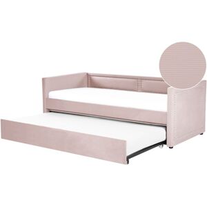 Beliani - Modern Fabric eu Single Trundle Bed Frame Nailhead Trim 3ft Pastel Pink Mimizan
