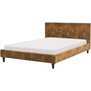 Beliani - Modern Faux Leather eu Double Size Bed Frame 4ft6 Slatted Base Panel Bed Woodem Legs Brown Fitou