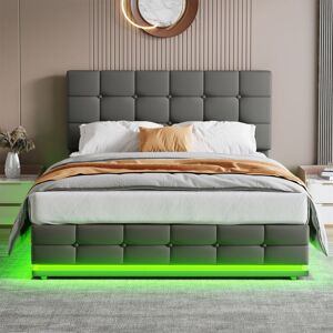ABRIHOME Ottoman Double Bed with LED Lighting, PU Leather Upholstered Bed with Hydraulic Storage, 4ft6 Double Bed Frame with Adjustable Button Tufted