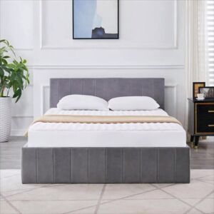 KOSY KOALA Ottoman Storage Bed grey 3ft single and 1 mattress line pattern fabric velvet bedroom furniture