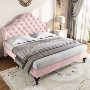 DEWDAT Pink Velvet Upholstered Bed – 135190 Upholstered Bed with Slatted Frame and Height-Adjustable Headboard, Youth Bed, Single Bed, Wooden Slat Support,