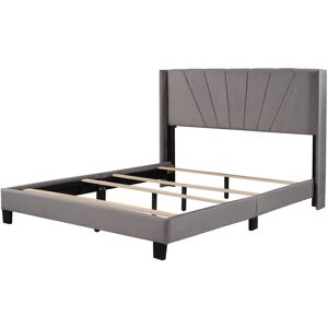 Sweevt - Queen Size Channel Platform Bed Frame Velvet Bed Frame Upholstered Platform Bed with Vertical Headboard, Solid Wood Leg and Strong Slats