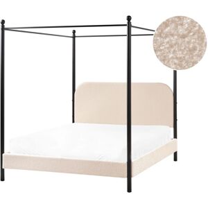 BELIANI Retro Minimalist eu Double Size Canopy Bed Black Metal Frame Slats Poplar Wood Boucle Upholstery Beige Dannemois