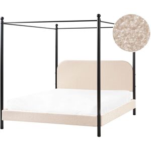 BELIANI Retro Minimalist eu King Size Canopy Bed Black Metal Frame Slats Poplar Wood Boucle Upholstery Beige Dannemois