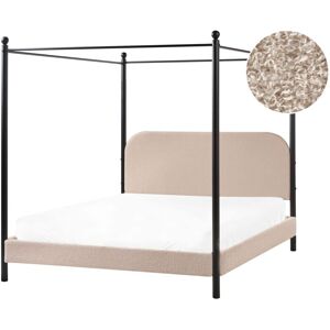 Beliani - Retro Minimalist eu King Size Canopy Bed Black Metal Frame Slats Poplar Wood Boucle Upholstery Taupe Dannemois