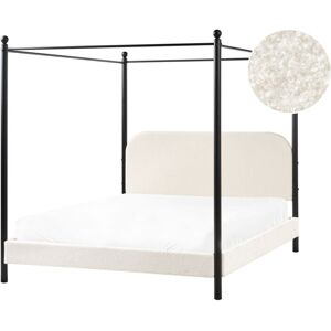 BELIANI Retro Minimalist eu King Size Canopy Bed Black Metal Frame Slats Poplar Wood Boucle Upholstery Off-White Dannemois