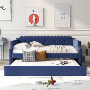 SWEEVT Twin Size Daybed with Trundle,Upholstered Frame Sofa Bed Built-in Ladder & Solid Slat Support for Bedroom No Box Spring Needed - Blue