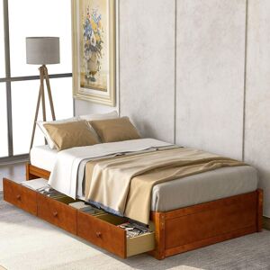 SWEEVT Twin Storage Bed with 3 Drawers,Wood Twin Size Platform Bed Frame with Storage Wood Slat Support/No Box Spring Needed for Bedroom Living Room (Oak)