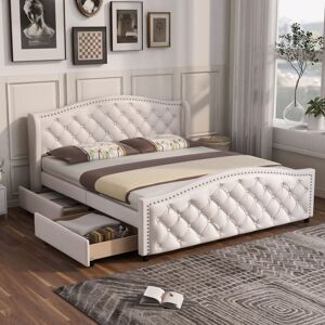 ABRIHOME Upholstered Bed 135x190cm with Slatted Frame, 2 Drawers and Headboard with Pull Point Rivets, White