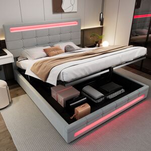 ABRIHOME Upholstered Bed, Hydraulic Bed, Adults Teenagers 4ft6 Double Bed 135x190cm, Square Embellishment, with 7colors LED-light Strips, Velvet+Iron, Grey