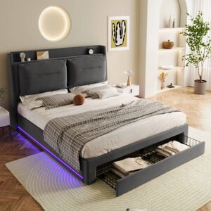 ABRIHOME Upholstered Bed, Double Bed 135x190, Hydraulic Bed, 2-in-1 Storage Drawers, Recessed LED Light Strips on Both Sides of the Bed, Velvet,Dark grey
