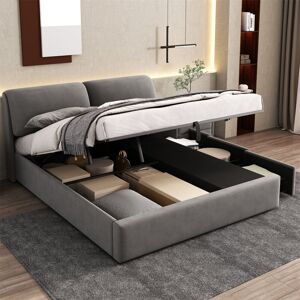 ABRIHOME Upholstered Bed,Hydraulic Bed, Three Drawers, Bed Box for Storage, Slatted Frame with Headboard, without Mattress, Velvet, Grey,King Size