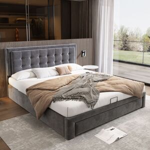Abrihome - Upholstered Bed,Double Bed, Velvet Fabric, Large Storage Space,With Slats and Headboard,Without Mattress,Grey,135x190cm
