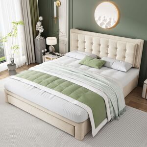 Abrihome - Upholstered Bed,Double Bed, Velvet Fabric, Large Storage Space,With Slats and Headboard,Without Mattress,Cream,135x190cm