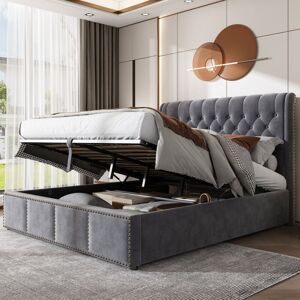 ABRIHOME Upholstered Bed,with Hydraulic Lever, Functional Storage Bed, Rivet Decoration, without Mattress, Velvet, Grey, Double Bed-4ft6(135x190cm)