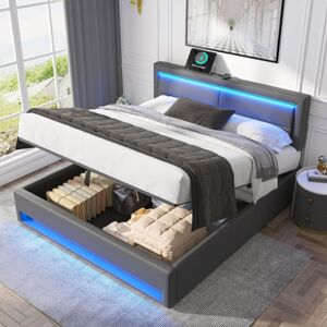 ABRIHOME Upholstered Bed,with usb Port (supports wireless and wired charging), with led Lighting and Storage Space, Grey,135 x 190 cm,Double Bed