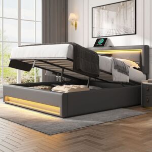 Abrihome - Upholstered Bed,with usb Port (supports wireless and wired charging), with led Lighting and Storage Space, Grey ,150 x 200 cm,King Size Bed