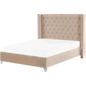 Beliani - eu King Size Velvet Bed Frame 5ft3 Beige Buttoned Nailhead Trim Slatted Lubbon