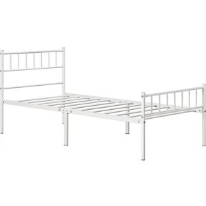 3ft Single Metal Bed Frame with Headboard and Footboard, 90190cm, Solid Slatted Base, White - Yaheetech