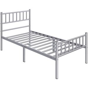 3ft Single Metal Bed Frame with Headboard and Footboard, 90x190cm, Solid Slatted Base, Silver - Yaheetech