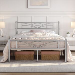 Yaheetech 4ft6 Double Metal Bed Frame with Cloud-inspired Design Headboard and Metal Bed Slats, Silver
