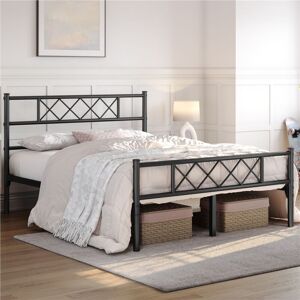Yaheetech - 4ft6 Double Metal Bed Frame with Cross-design Headboard & Footboard, Black