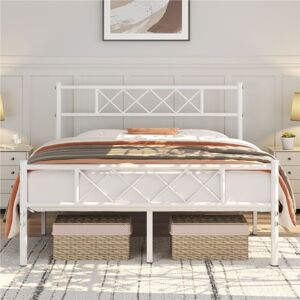 Yaheetech - 4ft6 Double Metal Bed Frame with Cross-design Headboard & Footboard, White