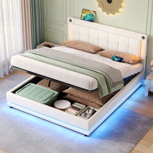 ABRIHOME 4ft6 Double LED Hydraulic Storage Bed with Charging Station & Smart Light Control - Adjustable Velvet Tufted Headboard, USB/Type-C Ports, Beige Bed ABRIHOME 4ft6 Double LED Hydraulic Storage Bed with Charging Station & Smart Light Control - Adjustable Velvet Tufted Headboard, USB/Type-C Ports, Beige Bed