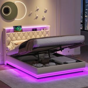 ABRIHOME 5ft King Upholstered Bed Frame with Hydraulic Storage, Linen Ottoman Bed with LED Lighting and Charging Station, LED Button Tufted Headboard with USB ABRIHOME 5ft King Upholstered Bed Frame with Hydraulic Storage, Linen Ottoman Bed with LED Lighting and Charging Station, LED Button Tufted Headboard with USB