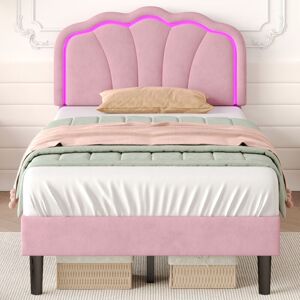 MODERNLUXE 3ft Single Upholstered Bed with LED Adjustable Shell Shape Headboard, Soft Velvet Bed Frame with Solid Wood Slat, No Box Spring Needed, Pink, MODERNLUXE 3ft Single Upholstered Bed with LED Adjustable Shell Shape Headboard, Soft Velvet Bed Frame with Solid Wood Slat, No Box Spring Needed, Pink,