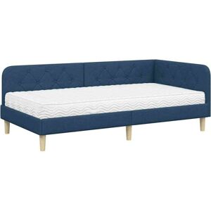 Corner Bed Frame with Mattress Blue 90 x 190 cm Fabric vidaXL Corner Bed Frame with Mattress Blue 90 x 190 cm Fabric vidaXL